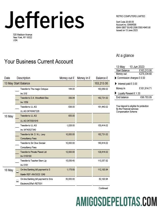 Em branco Jefferies empresa bancária extrato de conta corrente modelo Word e PDF